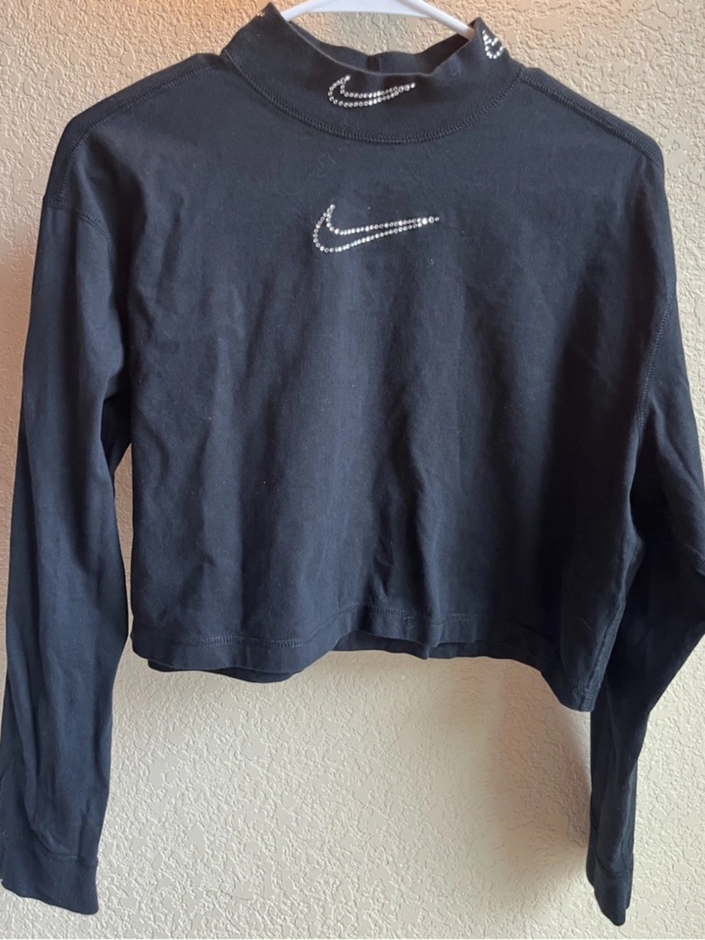 Nike Black Rhinestone Swoosh Cropped Mock Neck Loose Fit Long Sleeve Shirt